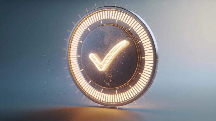 Rotating circular emblem lifting and emitting sparks in studio after light cue, revealing checkmark