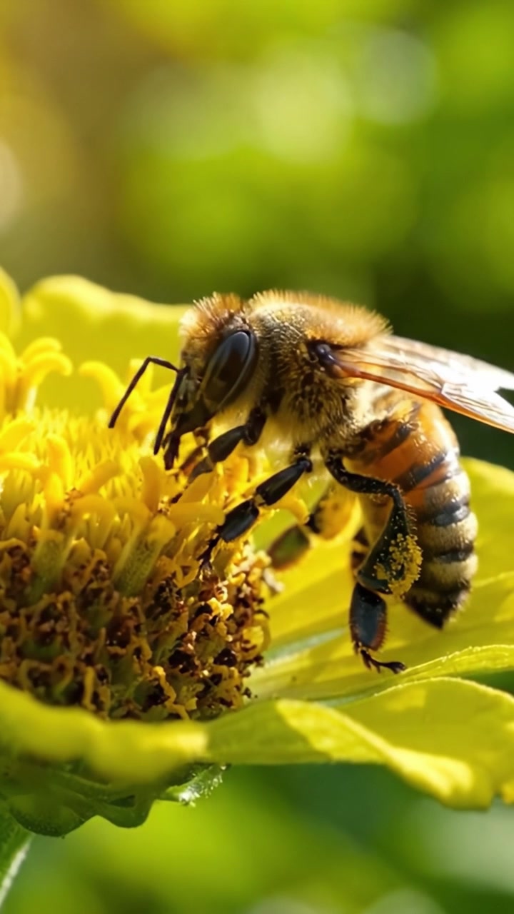Close-up de uma Abelha Coletando Néctar de uma Flor Amarela Brilhante, Capturando os Detalhes Intrincados do Polinizador da Natureza em Ação.