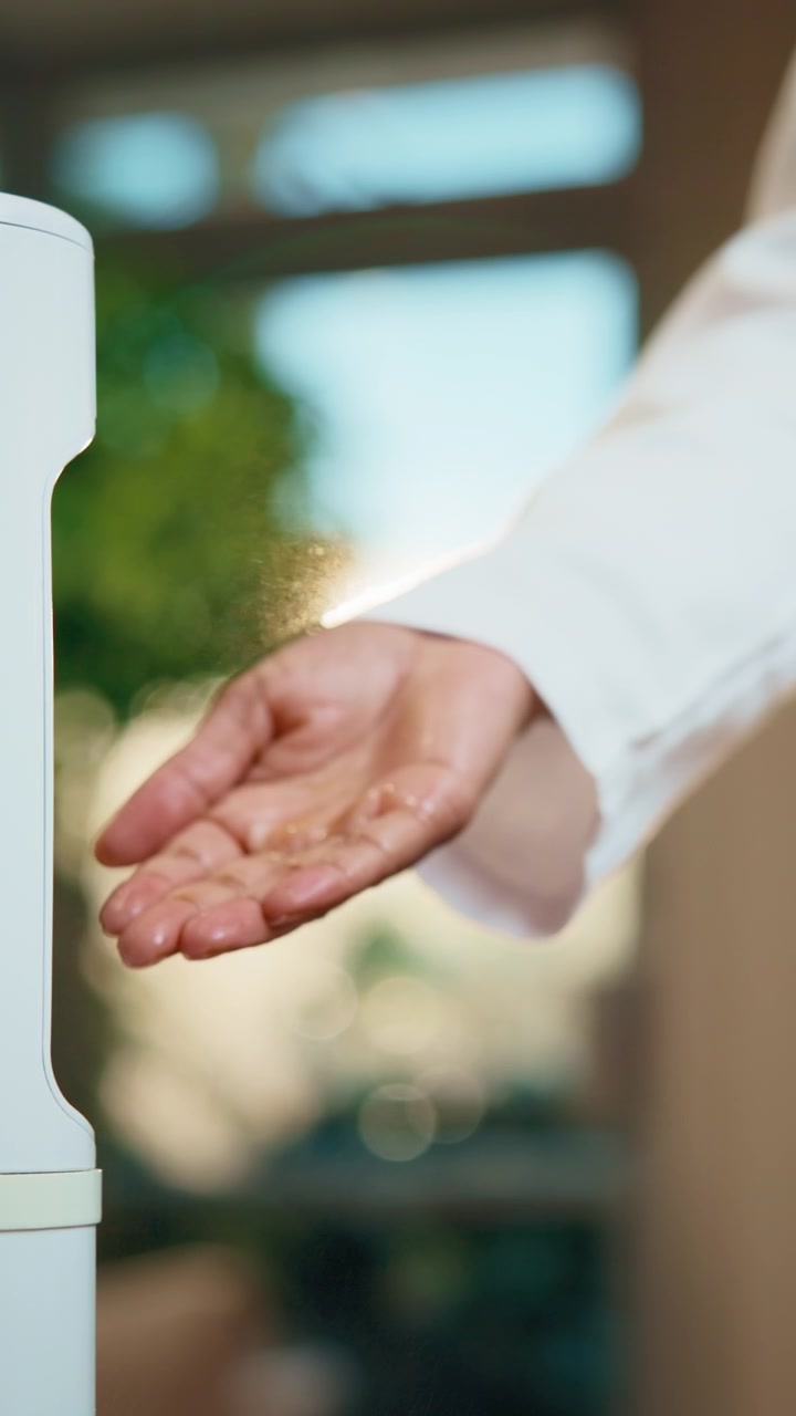 Person Using Automatic Hand Sanitizer Dispenser