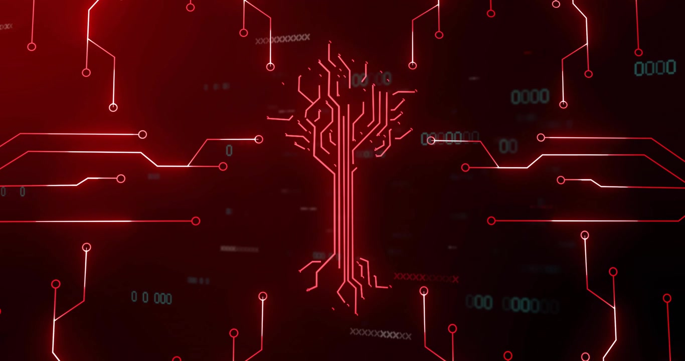 Forming central glowing circuit-tree pulsing in HUD red vignette with edge traces, nodes, digits