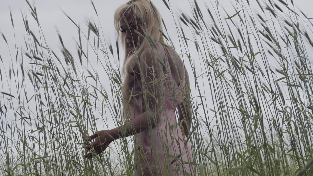 joven mujer de ébano en vestido rosado, con el pelo largo rubio; de pie en un campo de hierba alta. su espalda es a la cámara mientras corre sus manos a lo largo de la hierba alta balanceándose. 60 fps cámara de cámara de mano.