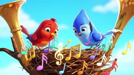 two colorful cartoon birds sharing a musical moment above their nest, surrounded by floating notes and a bright sky in this cheerful animated scene