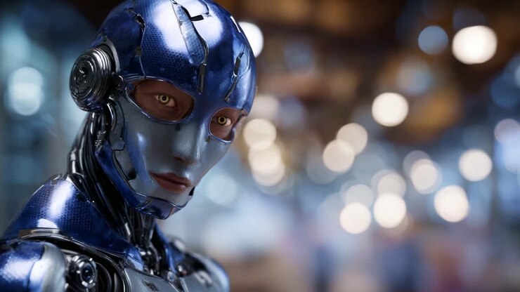 Primo piano di un Androide futuristico con finiture blu metallizzato, che emana calma in mezzo a uno sfondo astratto pieno di luci sfocate