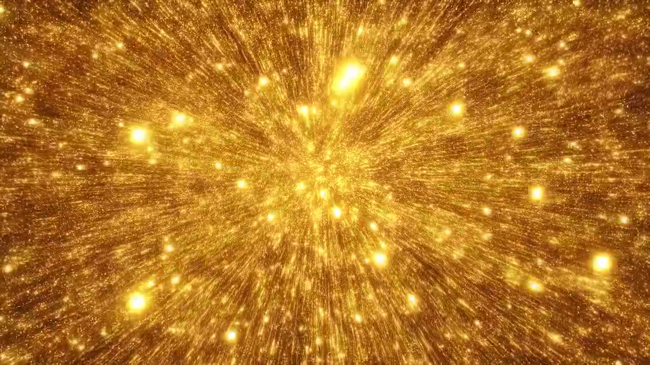 Nahaufnahme einer dichten goldenen Partikelexplosion, die vom Zentrum ausstrahlt, mit glühenden Punkten und ziehenden Funken vor einem warmen metallischen Hintergrund