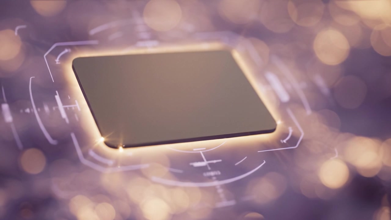 Un misterioso rettangolo fluttuante illuminato da uno sfondo bokeh morbido con un bagliore futuristico ed elementi digitali che suggeriscono tecnologia avanzata e innovazione.