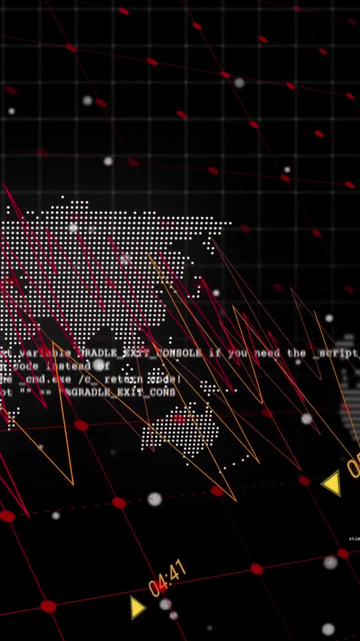 Animation of data processing over spinning globe and world map against black background