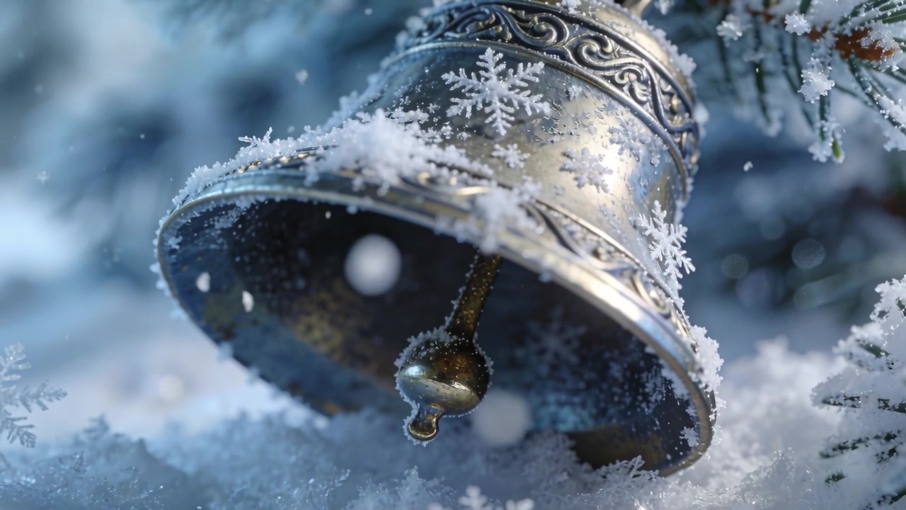 Campana d'argento ornata che oscilla, spingendo il batacchio su un ramo di pino ghiacciato tra la neve che cade mentre soffiano raffiche di vento.