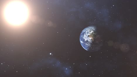 the earth and the sun are bright in the star-studded space