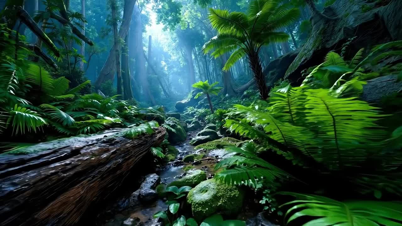 A stream running through a lush green forest filled with trees and plants