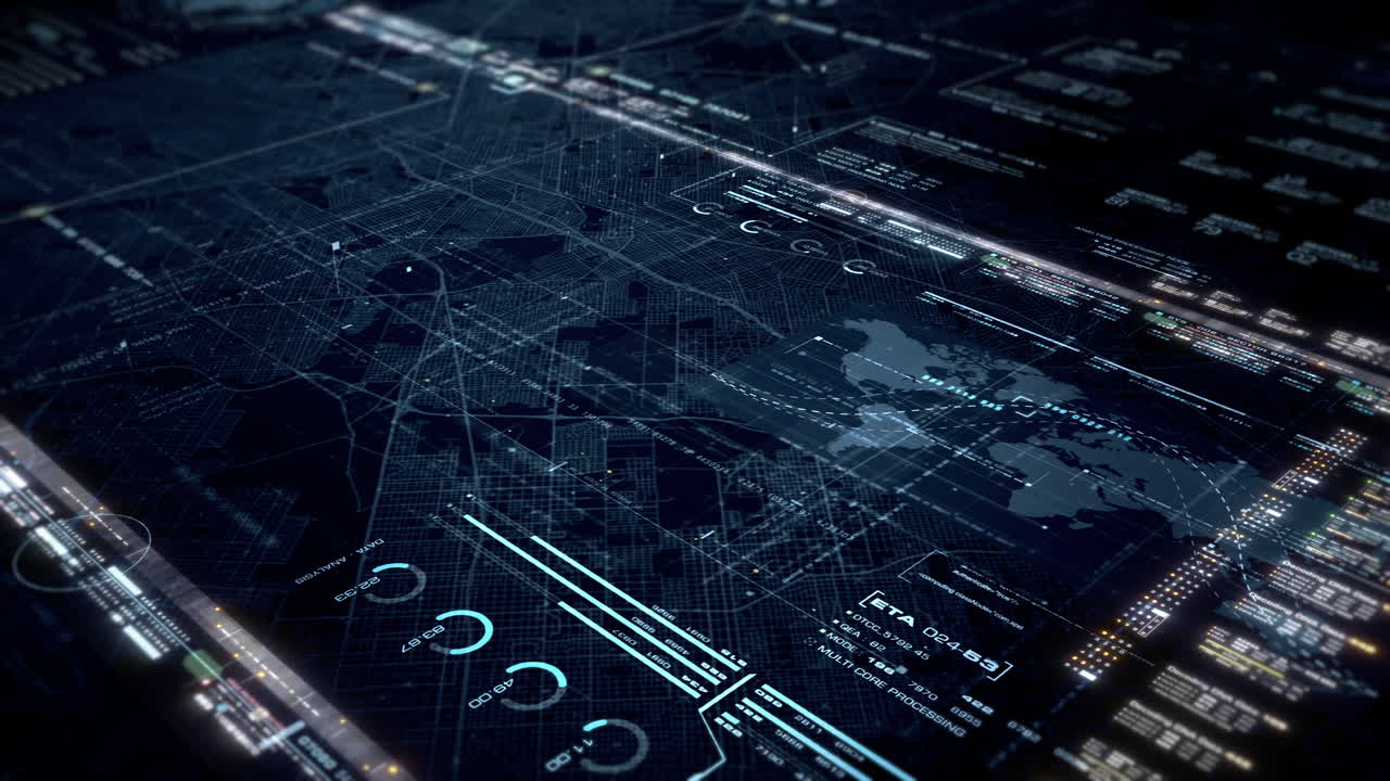 Futuristic motion graphic user interface head up display screen with digital data city map telemetry information display for digital background computer desktop display screen