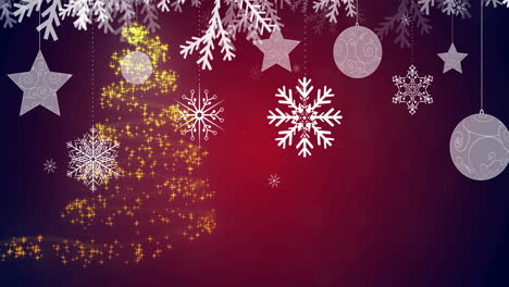 animación del árbol de navidad de estrella fugaz con decoraciones y nieve cayendo