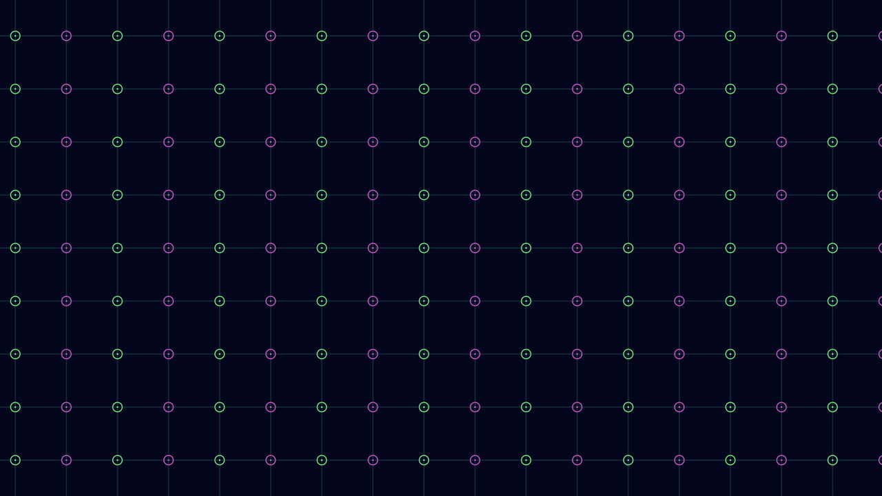 Futuristic abstract footage of a neon grid with glowing dots and thin lines on a dark background, ideal for technology interfaces, data networks, and digital design