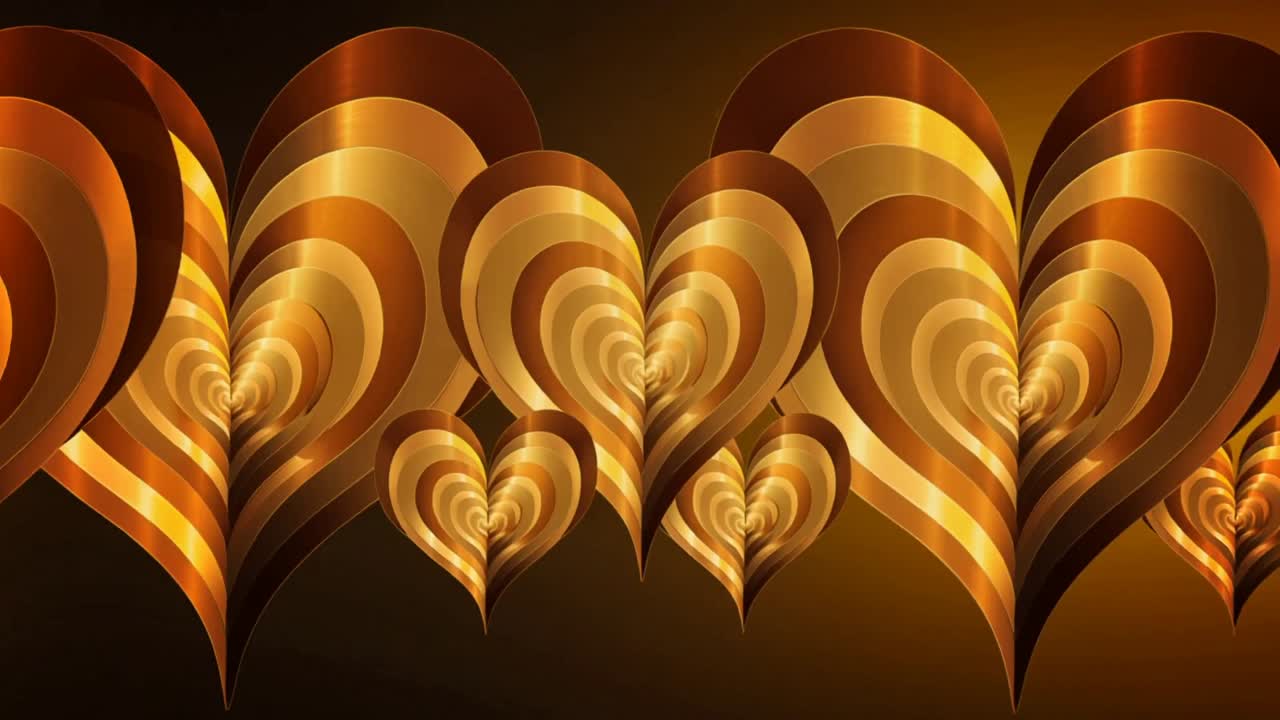 Sequenza iniziale con cuori dorati che spiraleggiano verso l'interno e scorrono su uno sfondo marrone, creando un effetto scintillante