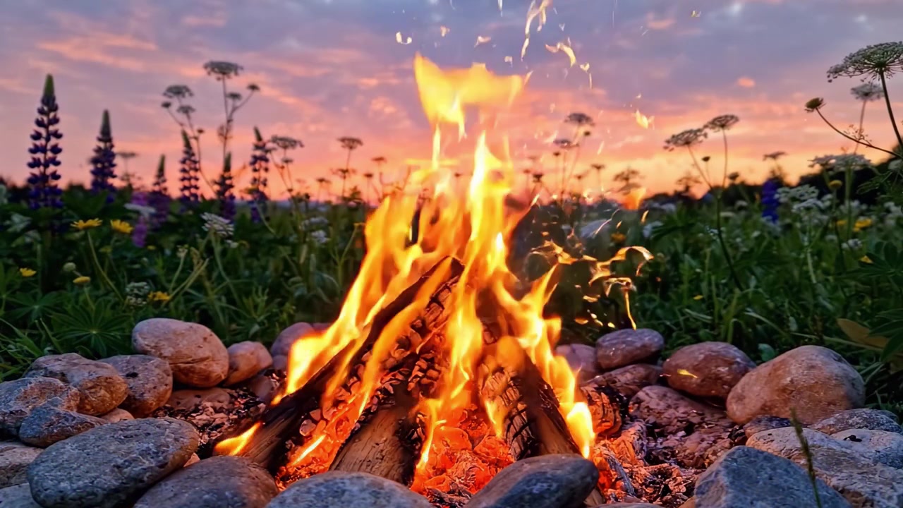 Una scena serale incantevole: tramonto vibrante, fiamme tremolanti e fiori selvatici colorati che circondano un accogliente falò