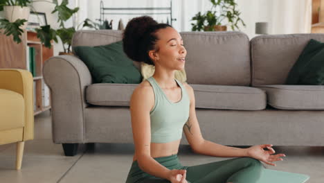 yoga, meditation and zen woman on living room