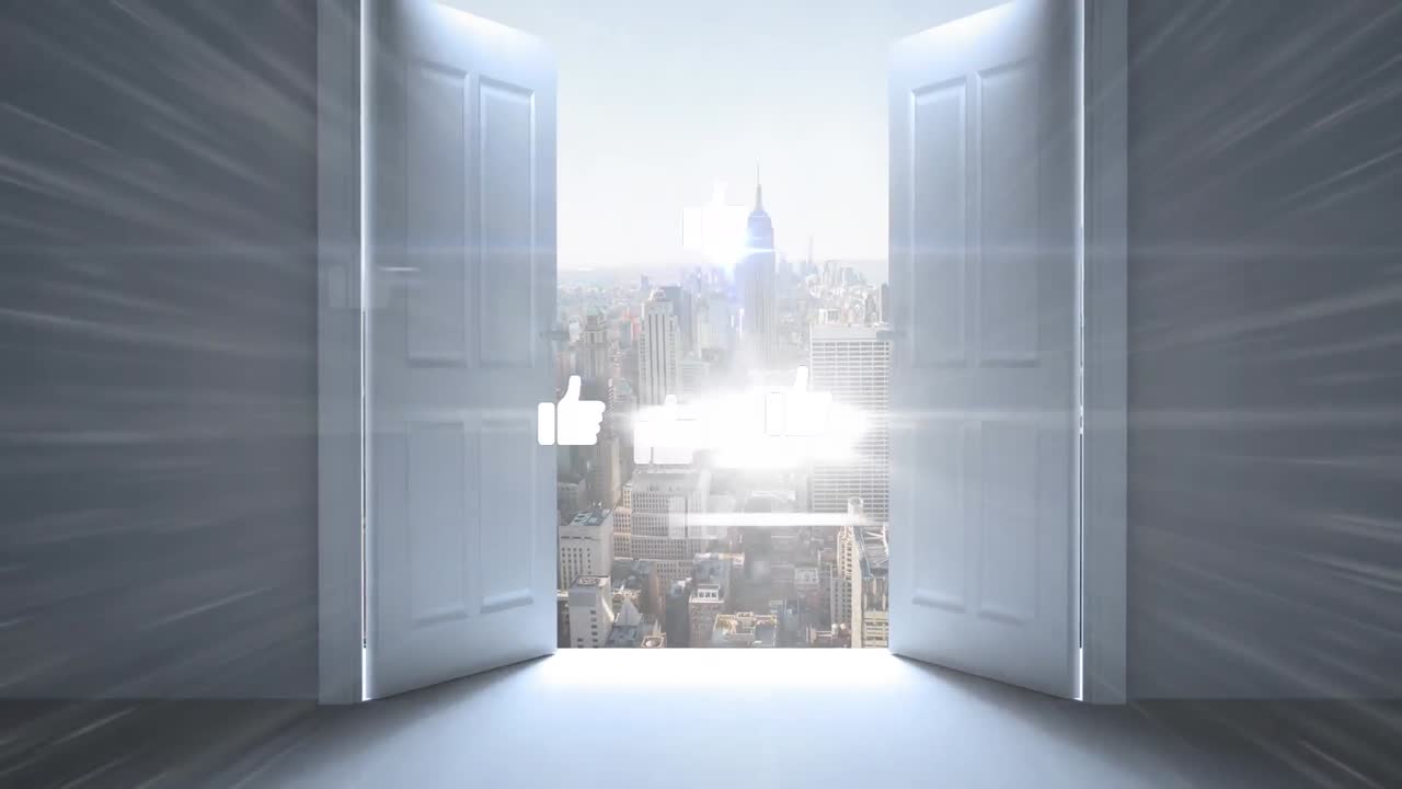 Animation of media icons and door over cityscape
