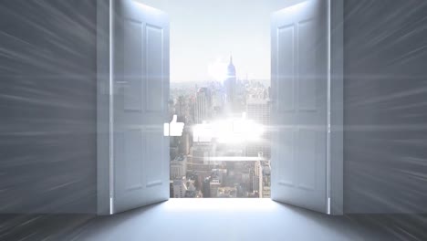 animation of media icons and door over cityscape