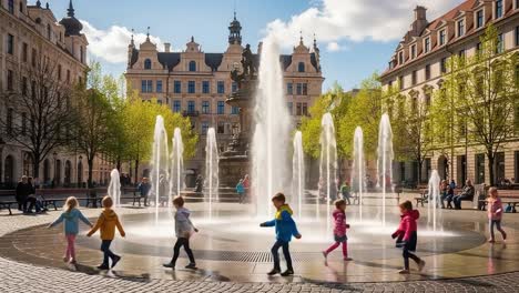 children joyfully play around a beautiful fountain in a bustling square, surrounded by historic architecture and lush green trees on a bright sunny day