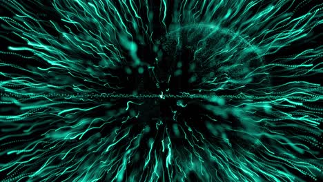 Animation-of-explosion-of-green-light-trails-over-globe-spinning-on-black-background