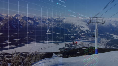 financial data processing animation over snowy mountain landscape with ski lift