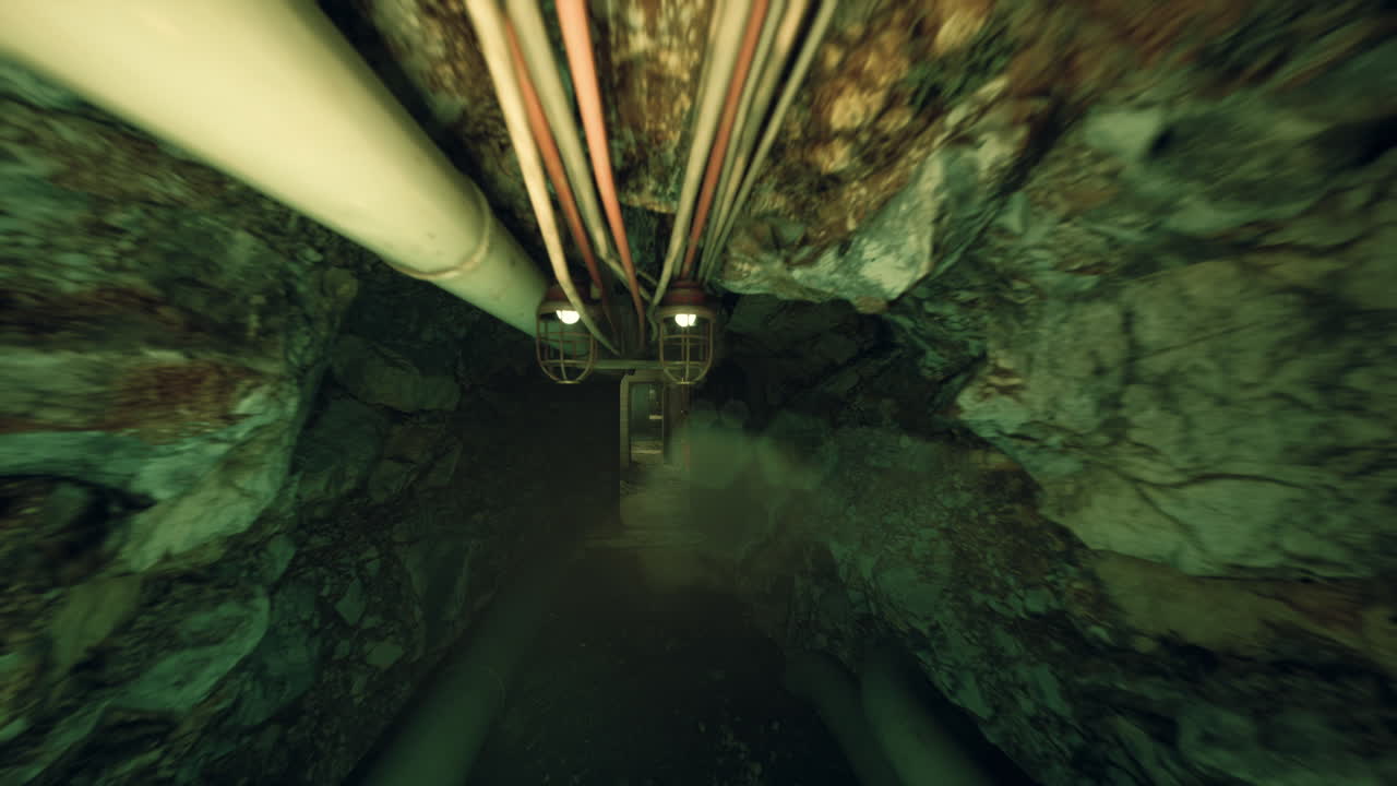 Small dark passage dark shaft with faint glowing light reveals tight tunnel