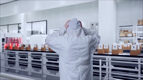 back view of asian male scientist having a headache while standing with conveyor for packaging coffee beans in bags at coffee factory