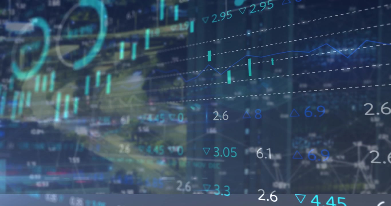 Animazione di dati finanziari e grafici su un paesaggio urbano