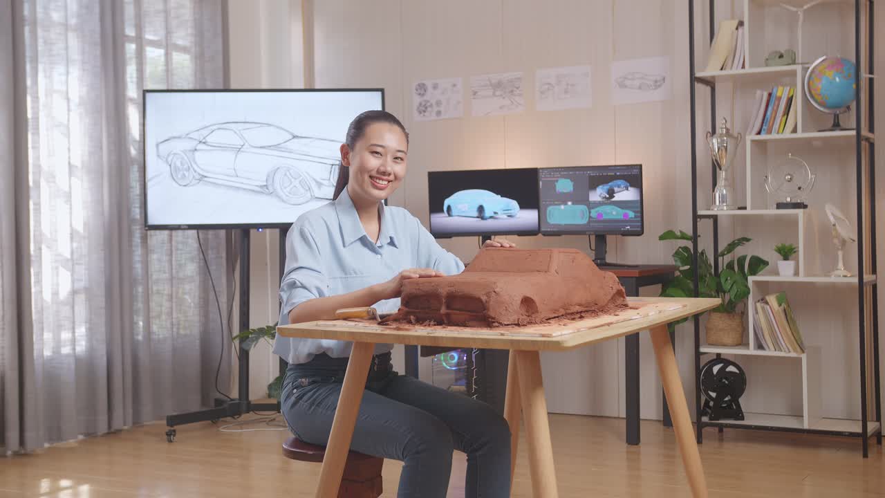 아시아 여성 자동차 디자이너가 스튜디오에서 자동차 점토 조각을 작업하는 동안 카메라에 미소 짓고 있습니다.
