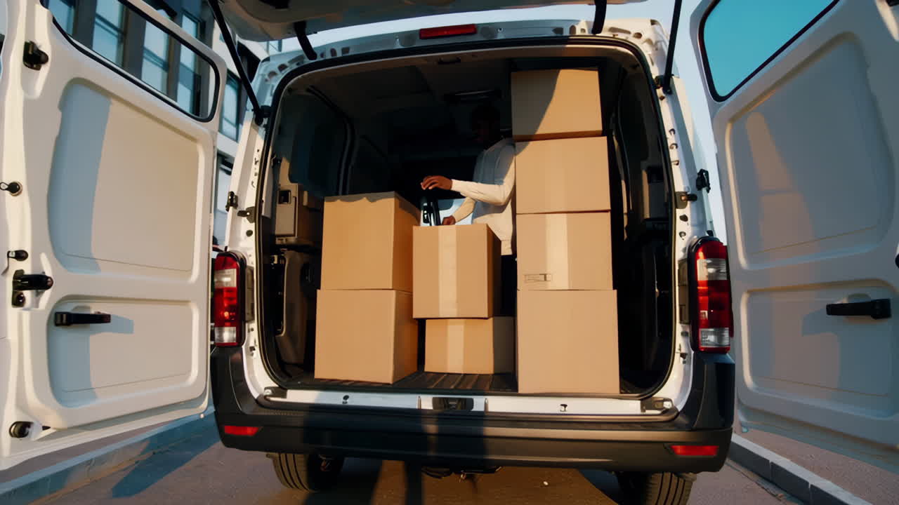 Moving Van Loading Boxes at Commercial Complex