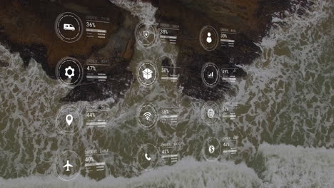 animation of data processing with icons over seaside landscape