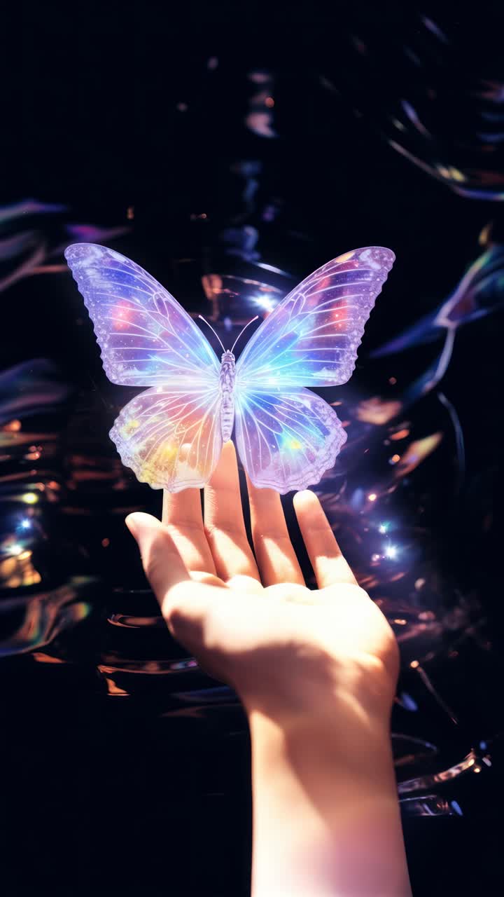Primo piano di un fotogramma video di una mano che tiene una farfalla iridescente e luminosa su uno sfondo scuro