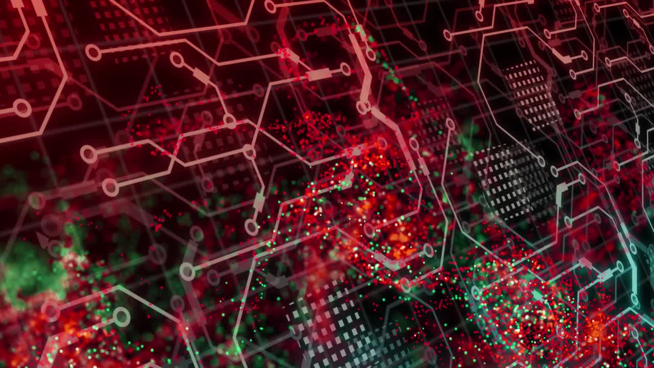 animación de malla roja, procesamiento de datos a través de una placa de circuitos informáticos.