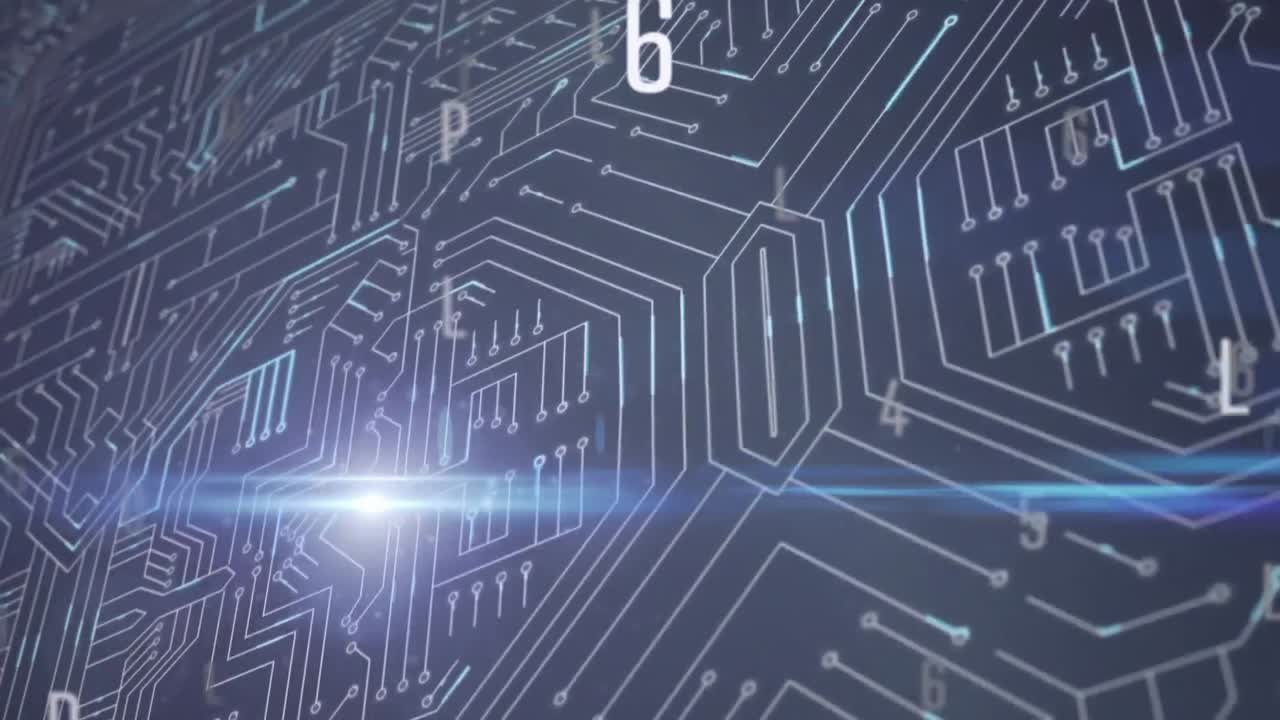 Animation of letters and web of connections on dark background