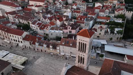 Aerial drone fly Hvar, traditional houses, buildings at Island in Croatia, landscape view