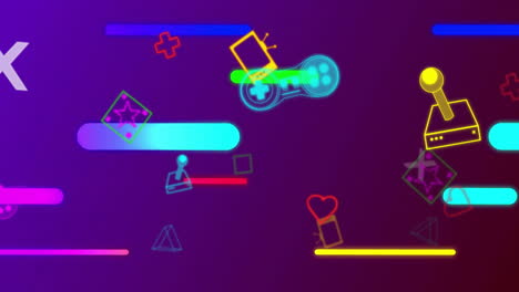 animación de formas de cápsulas coloridas sobre controladores de videojuegos e iconos en púrpura