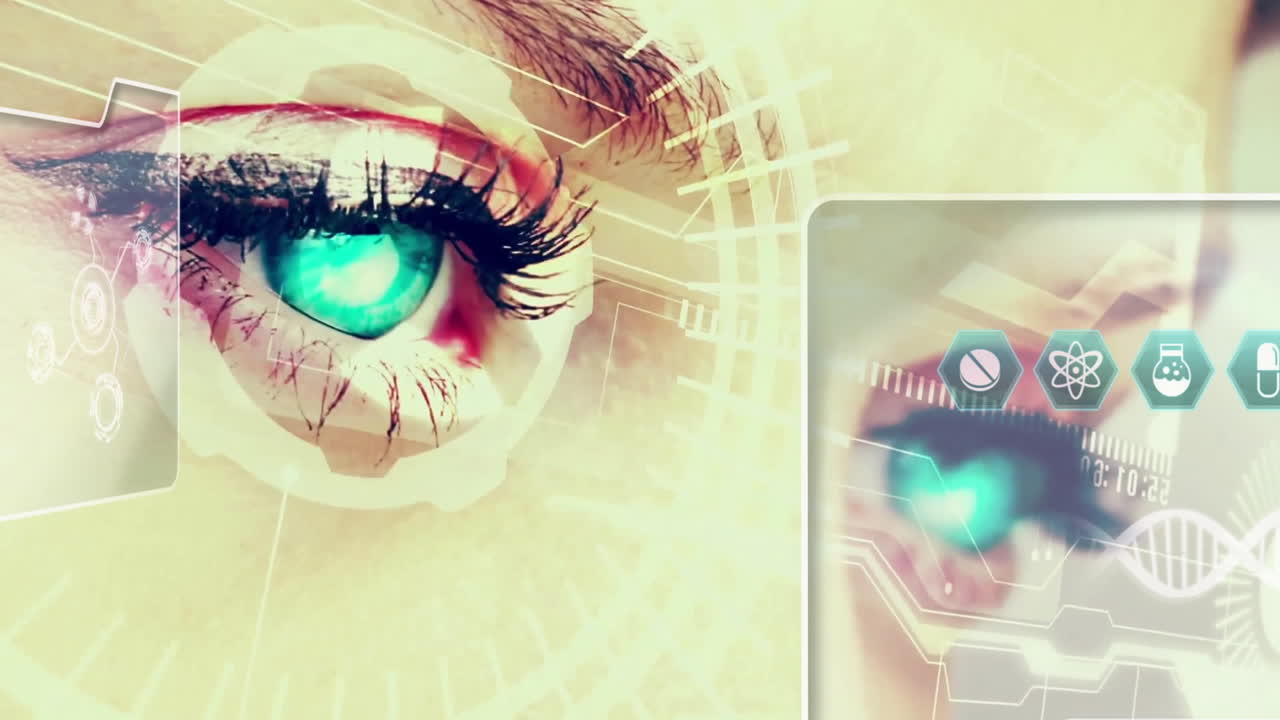 Animation showing futuristic technology with digital eye scanning and data processing