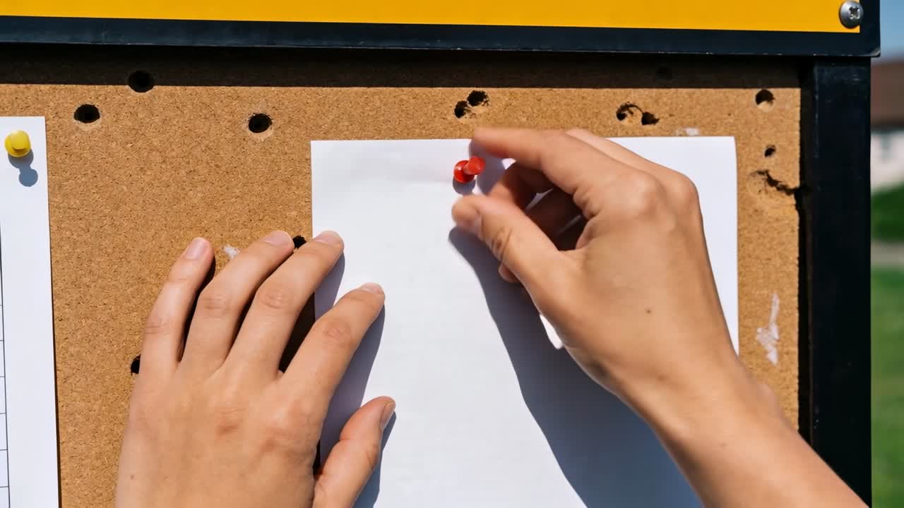 Vídeo vertical: Mãos pressionando um percevejo vermelho em um quadro de cortiça, alisando um papel em branco para um post de negócios.