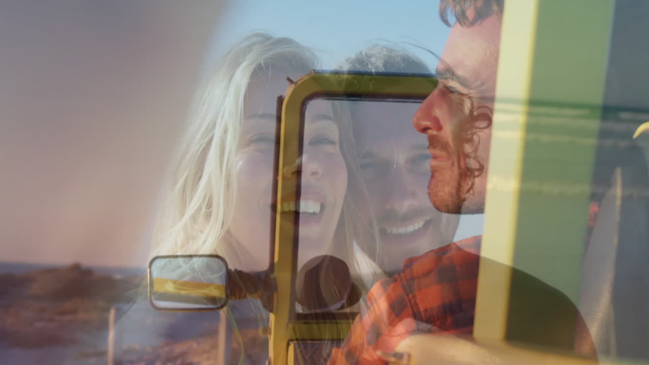 Driving open-top car, couple smiling on sunny day, feeling animation adventure