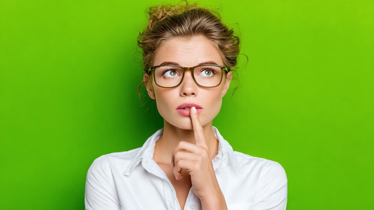 A Thoughtful Woman in Glasses with a Playful Expression Against a Vibrant Green Background Reflects Curiosity and Intrigue in a Moment of Contemplation