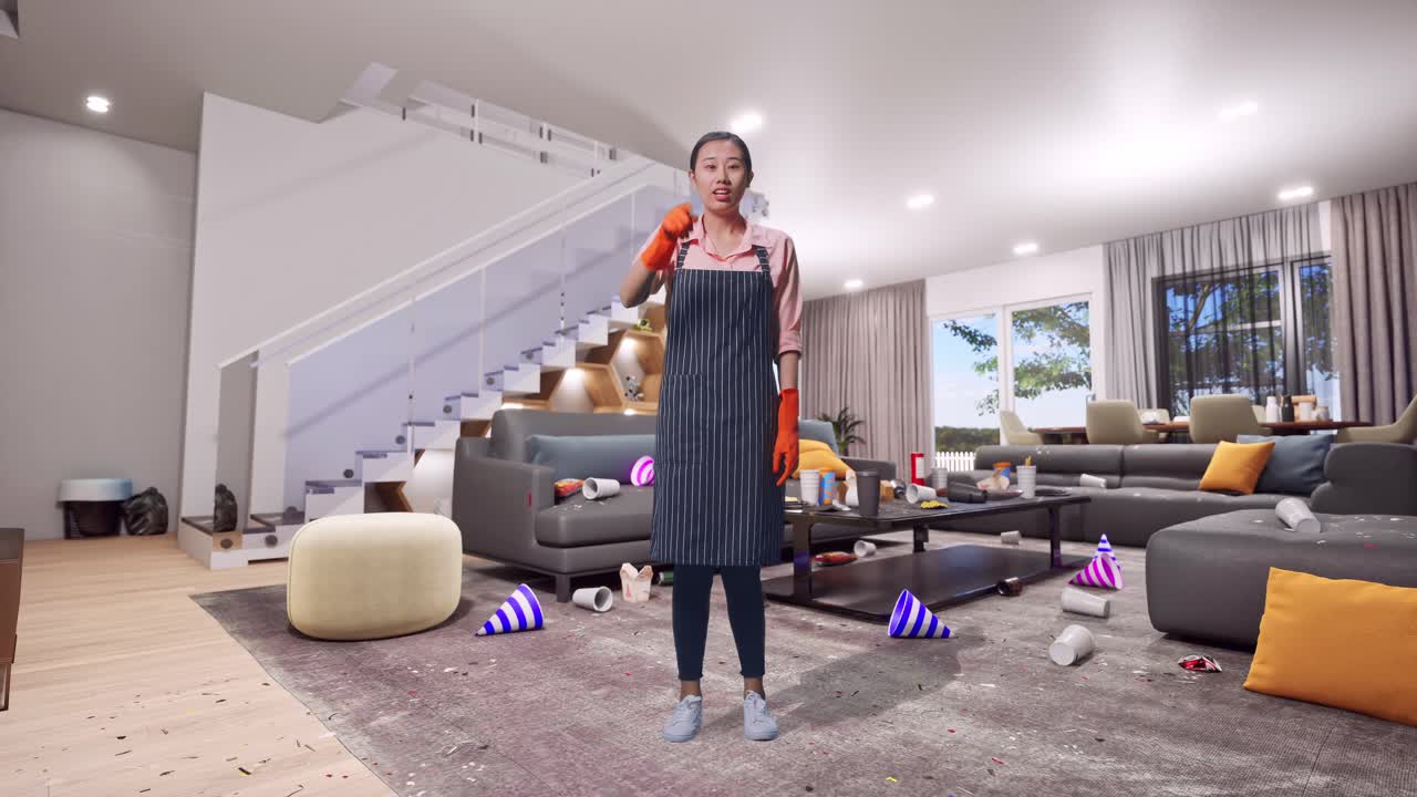 Full Body Of Asian Female Housekeeper With An Apron Pointing And Shouting To Camera While Standing In House