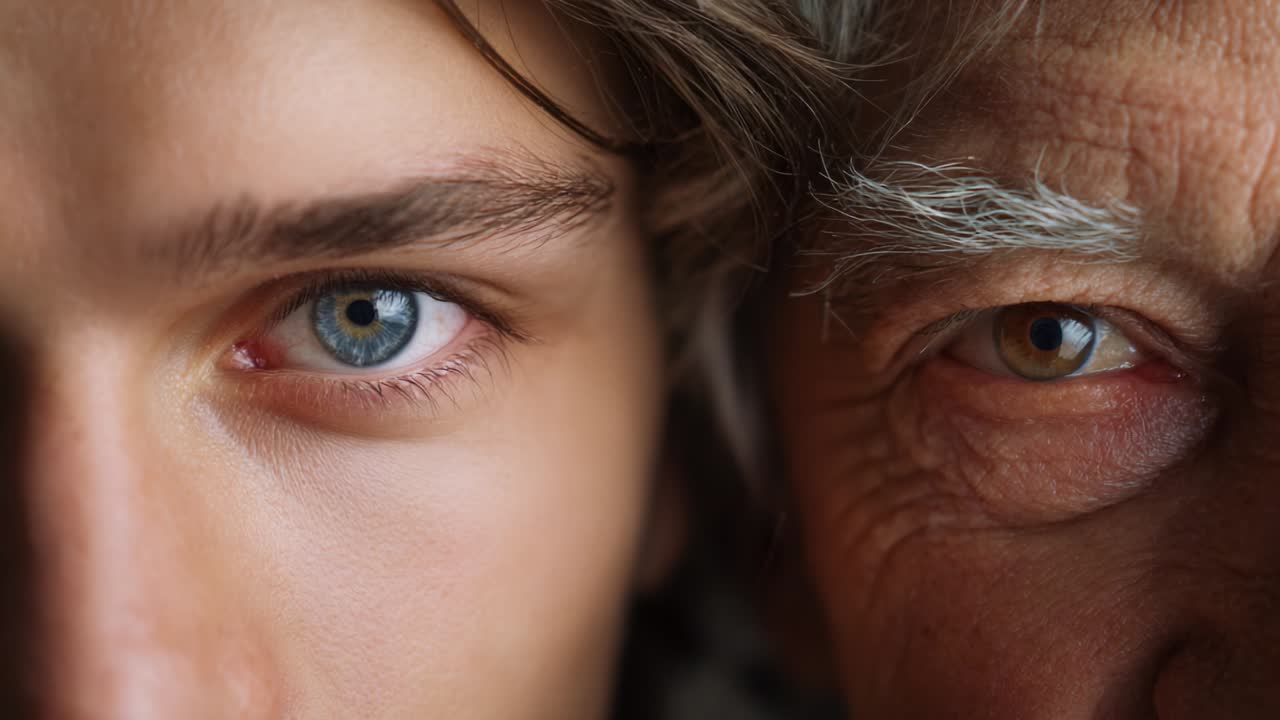 A Profound Close-Up of Two Distinctively Different Eyes: A Young Man and an Older Gentleman, Highlighting Age Contrast and Unique Features in a Captivating Portrait of Human Connection