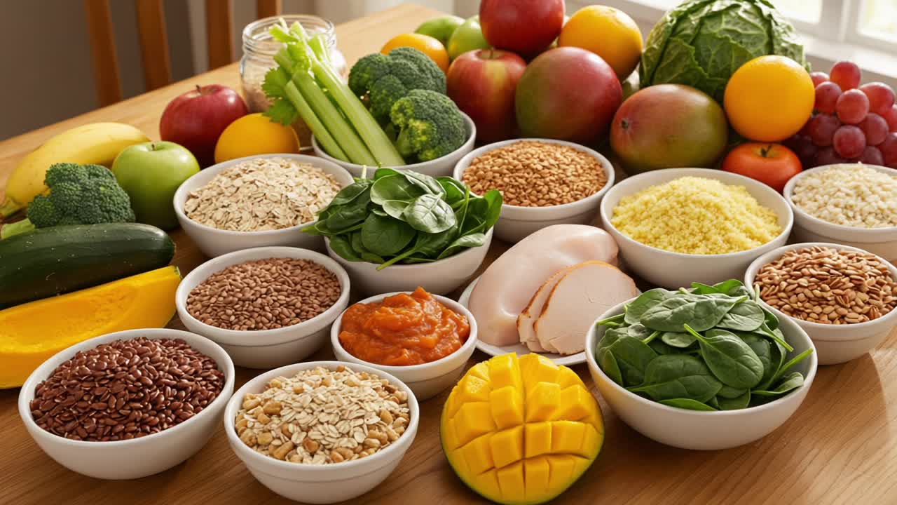 A Colorful Array of Fresh Ingredients Showcasing Healthy Eating and Meal Preparation with Fruits, Vegetables, Whole Grains, and Proteins for Wholesome Nutrition