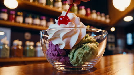 adding whipped cream and cherry to a colorful ice cream sundae
