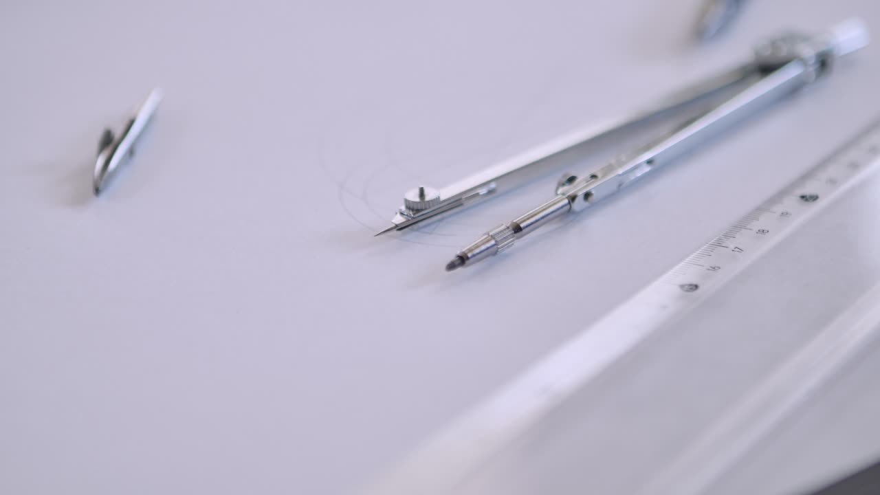 la mano pone el instrumento de brújula en papel de dibujo blanco, 4k, primer plano