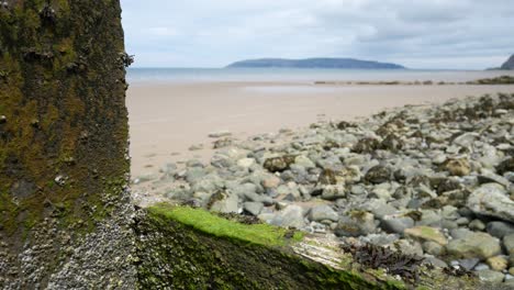 Pebble-Beach-Coast-Dolly-Links-über-Mit-Algen-Bedeckte-Barrieren-An-Der-Sandigen-Strandpromenade