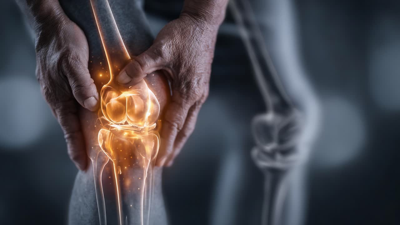 A close-up view of an elderly person's hands gripping their knee, highlighting a glowing joint area to emphasize knee pain and discomfort, showcasing the significance of joint health