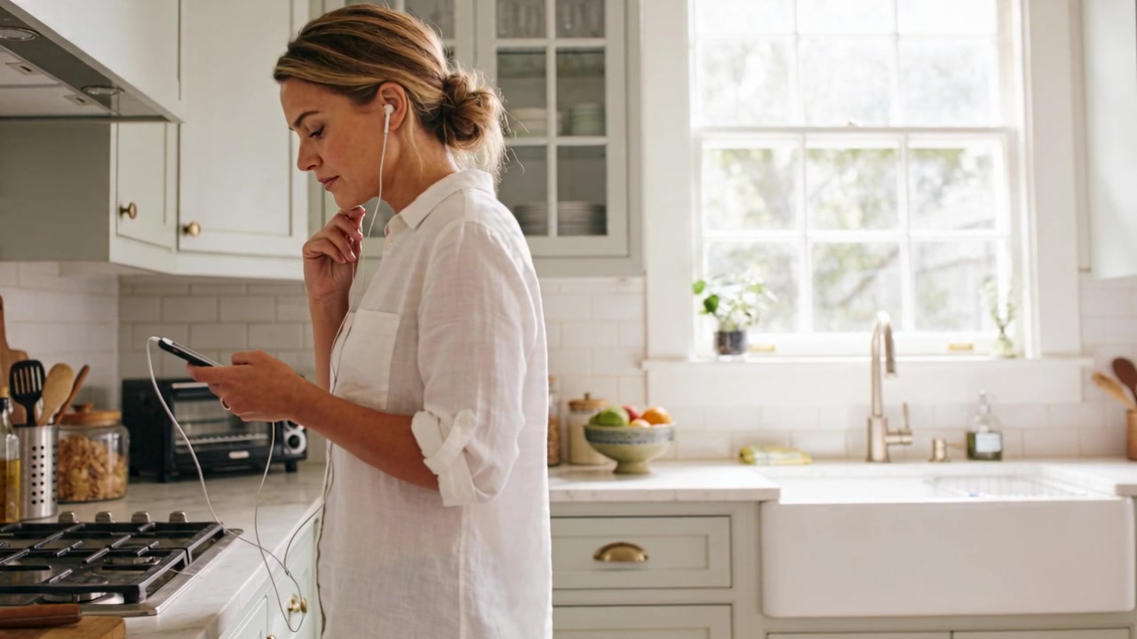 Donna in camicia bianca inserisce un auricolare, toccando il telefono a casa accanto ai fornelli mentre controlla i messaggi, con spazio per il testo.