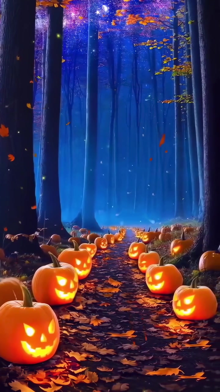 Zucche di Halloween luminose che fiancheggiano un sentiero in una foresta magica