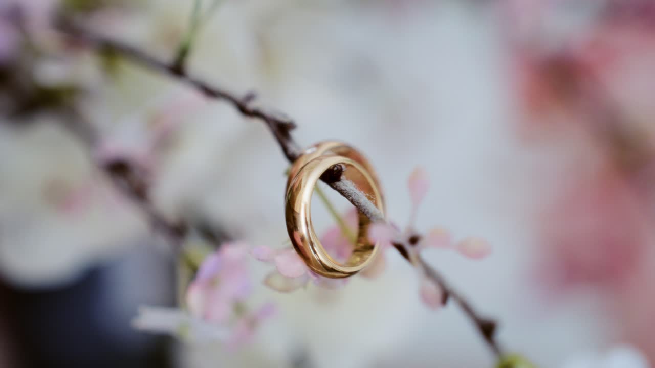 Golden wedding rings on a blooming branch, symbolizing love and union