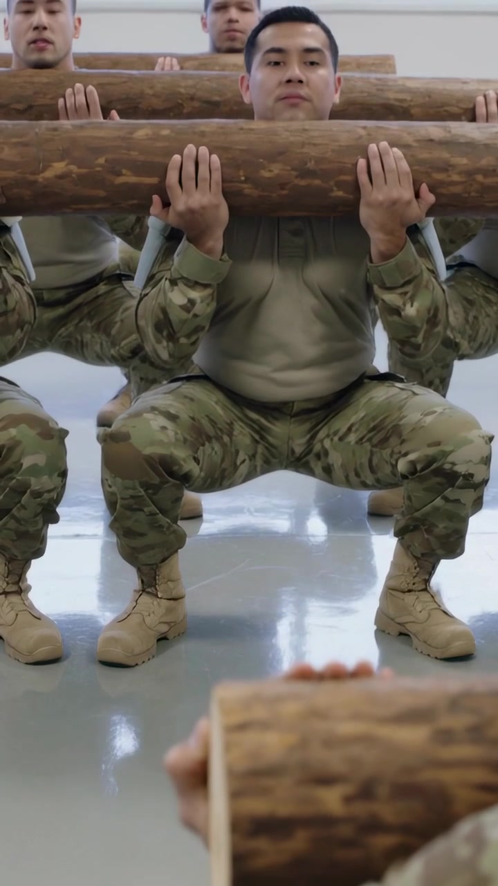 Video verticale: Soldato centrale che trasporta un tronco con la squadra che esegue squat in un'area di addestramento in mimetica